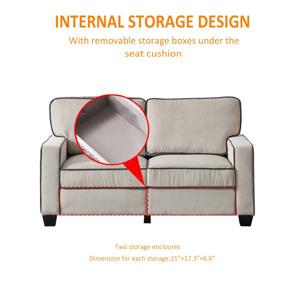 57 Inch Modern Upholstered 2 Seater Beige Corduroy Couch with Storage