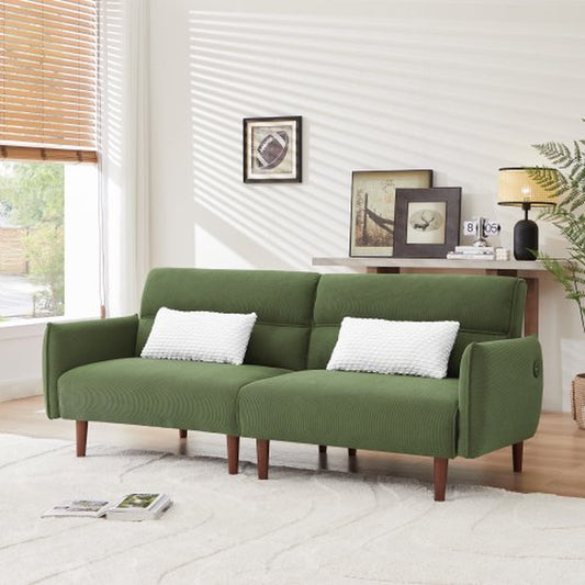 Convertible Futon Green Corduroy Couch with Wooden Legs & 2 Pillows