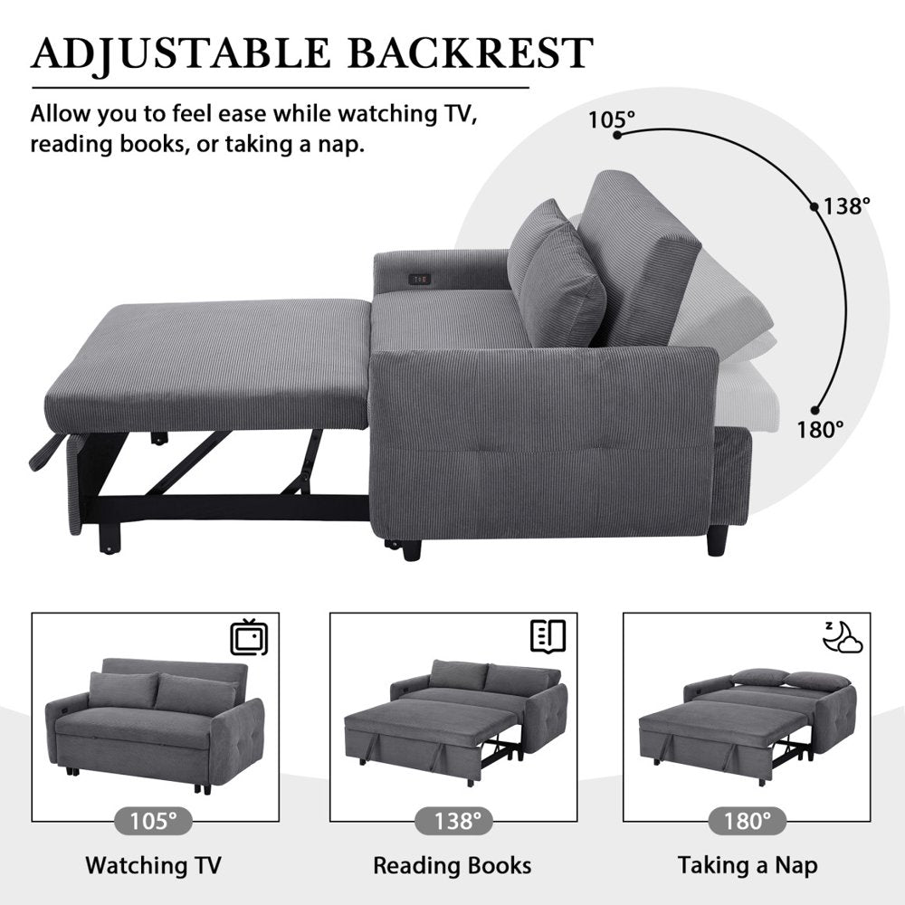 57.48" Dark Grey Corduroy Loveseats, Convertible with USB Ports & Adjustable Backrest