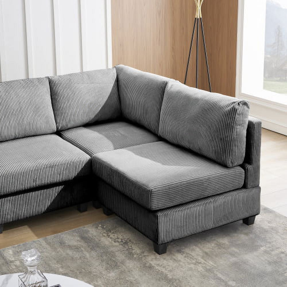 126" 4-Seat L-Shaped Grey Corduroy Sectional Couch with Chaise Lounge & Metal Legs