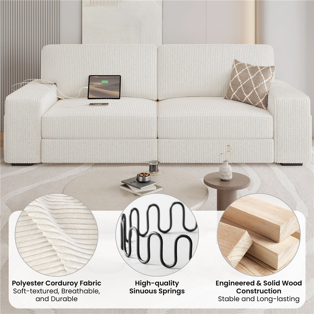 83.5'' W 2-Seater Modern Ivory Corduroy Couch Set with USB Charging Ports