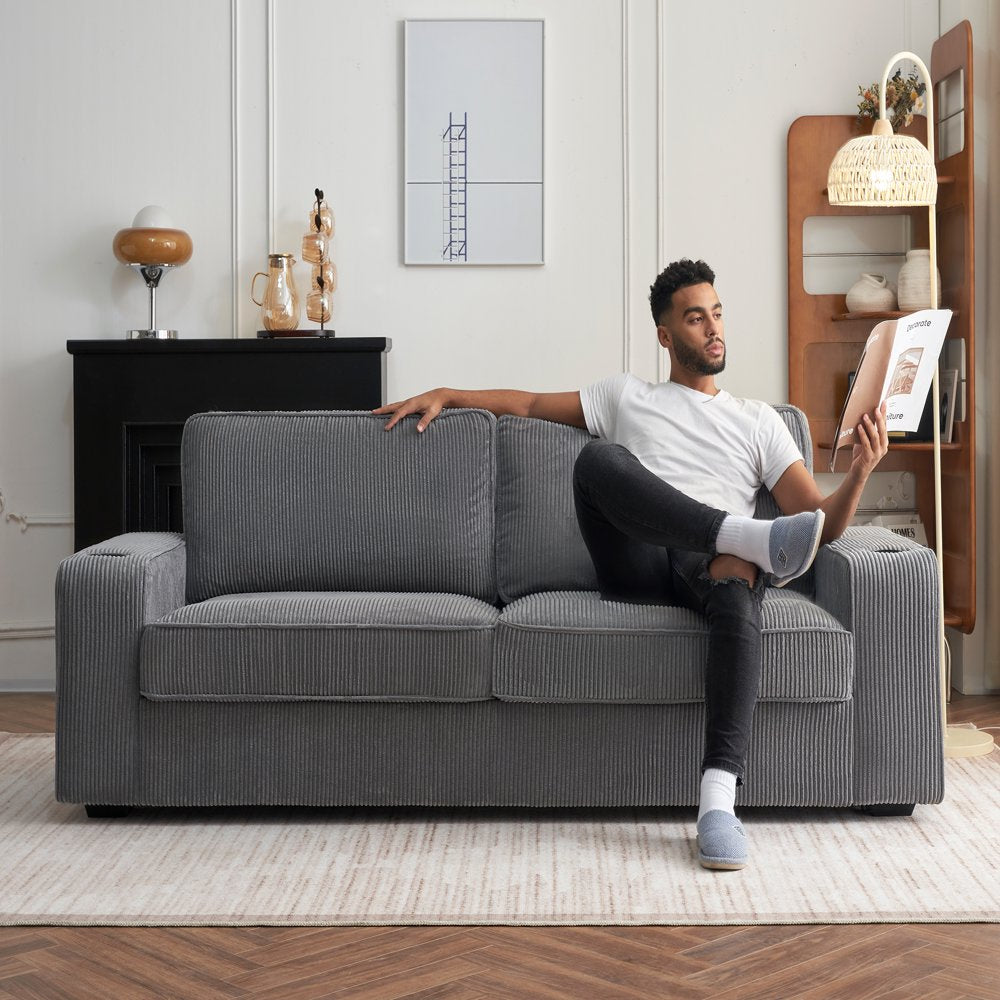 89 Inch Beige Oversized Corduroy Couch with USB Charging Ports & Cup Holders