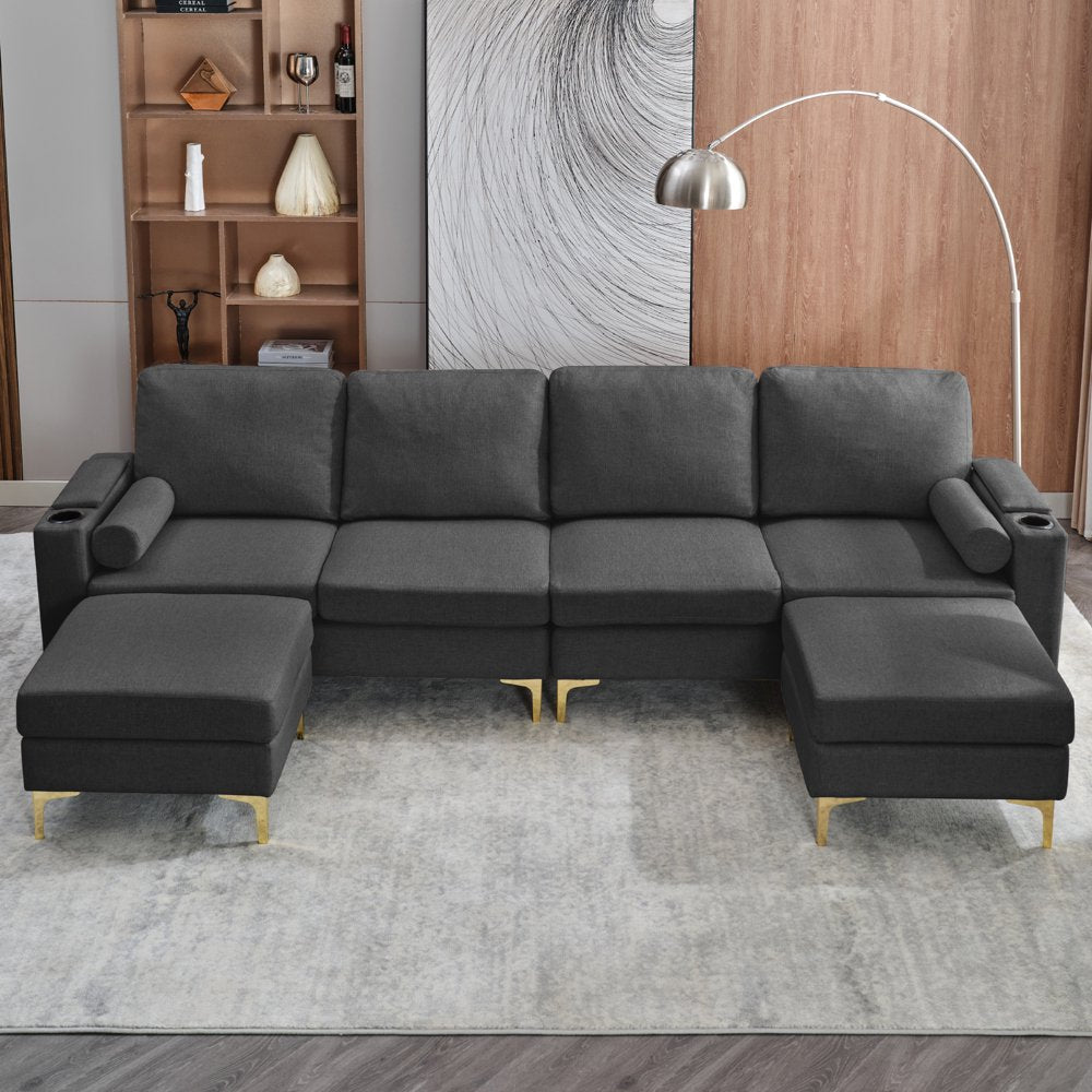 U-Shaped Dark Grey Oversized Corduroy Couch with Storage Ottoman