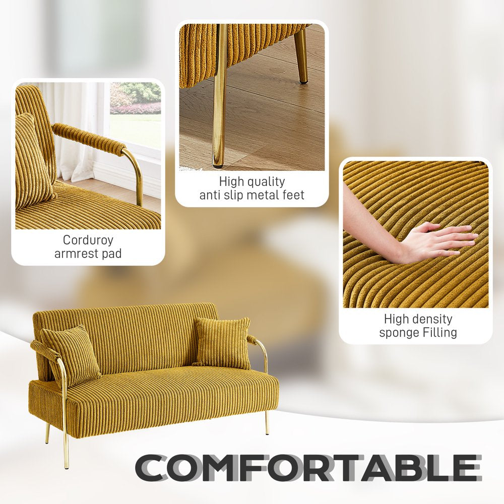 2-Seater Upholstered Modern Corduroy Loveseats with Gold Metal Legs & 2 Pillows