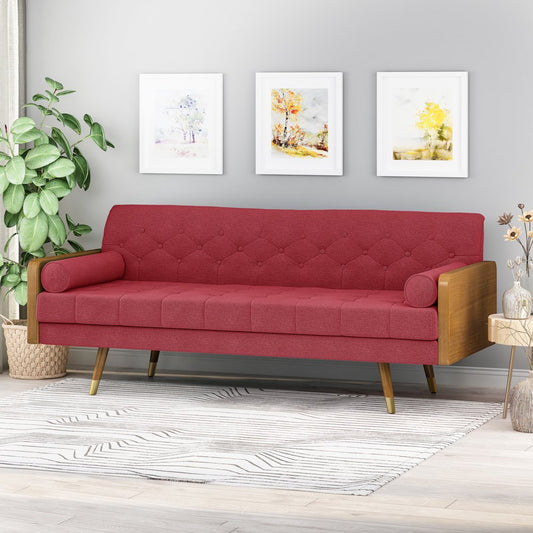 Mid Century Modern Tufted Red Corduroy Couch with Rolled Accent Pillows