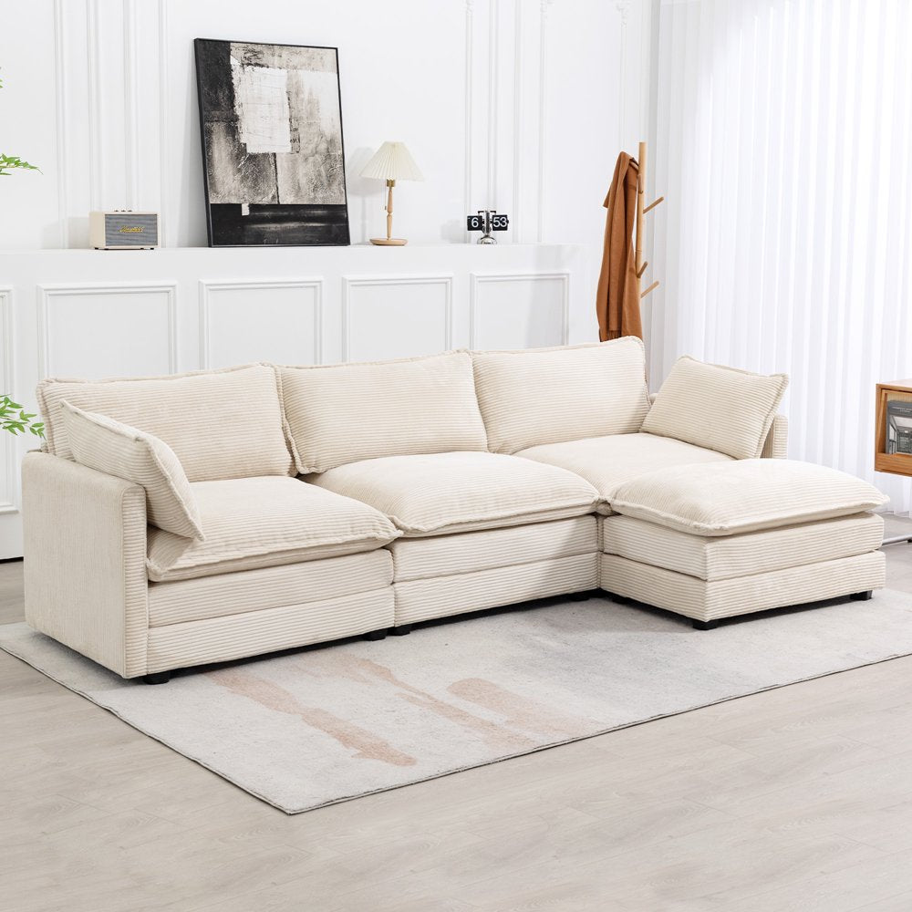 Small L Shaped Free Combination Beige Corduroy Sectional Couch with Ottoman