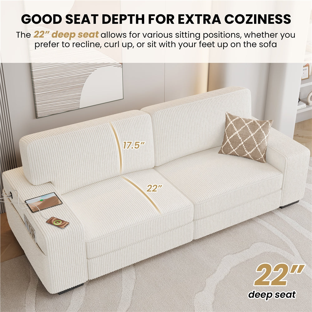 83.5'' W 2-Seater Modern Ivory Corduroy Couch Set with USB Charging Ports