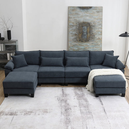 6 Seat U-Shaped Grey Corduroy Sectional Couch with Armrest Bags