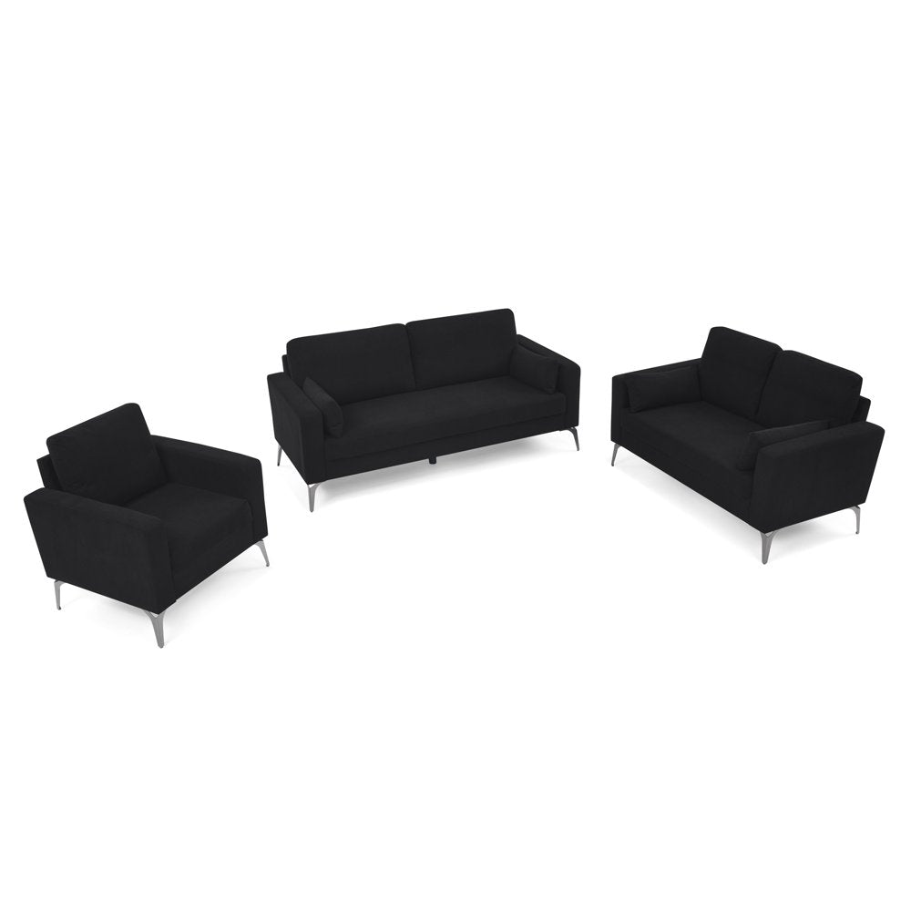 3-Piece Living Room Couch Set, 3-Seater Black Corduroy Couch with Two Small Pillows