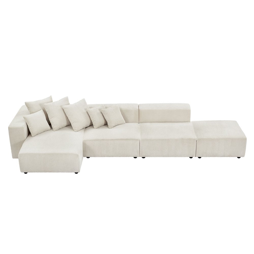 4-Piece Set Corduroy Sectional Modular Sofa with 6 Throw Pillows, Soft L-Shaped Chaise Couch, Beige - Corduroy Couch Set