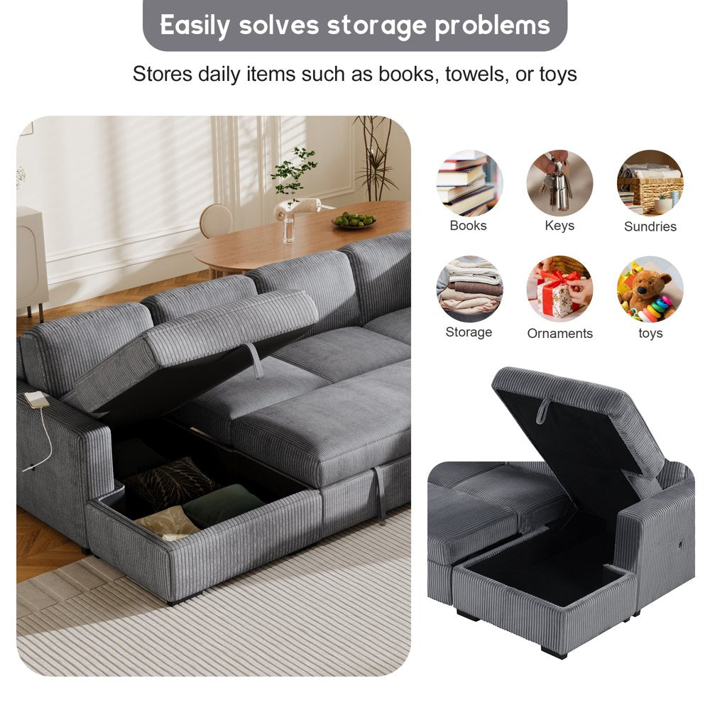 116.5×90.6" 6-Seater U-Shaped Oversized Corduroy Couch with Storage Ottoman