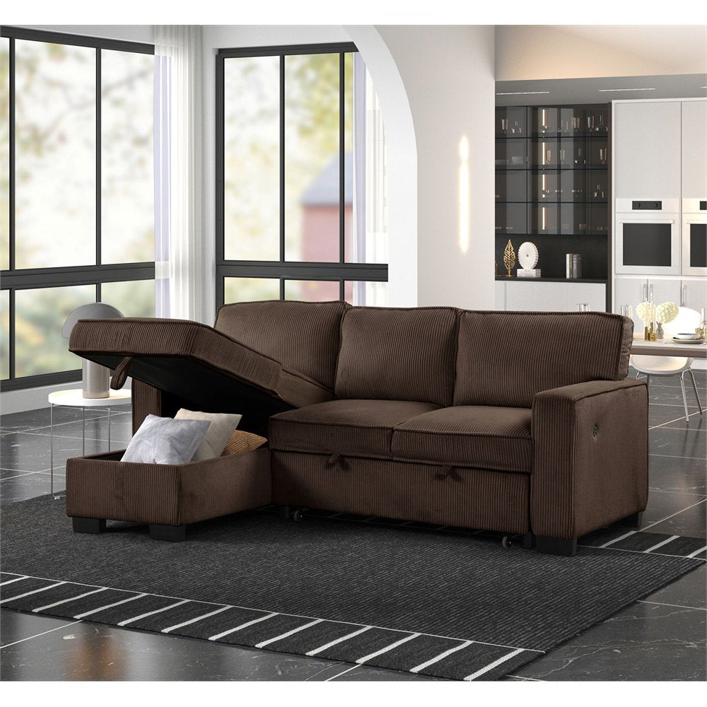 Brown Corduroy Sleeper Sectional Couch with Reversible Storage Chaise