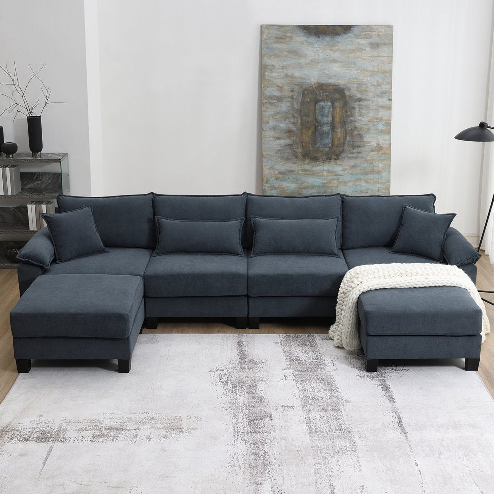 6-Seat U Shaped Combinable Grey Corduroy Sectional Couch with Armrest Bags