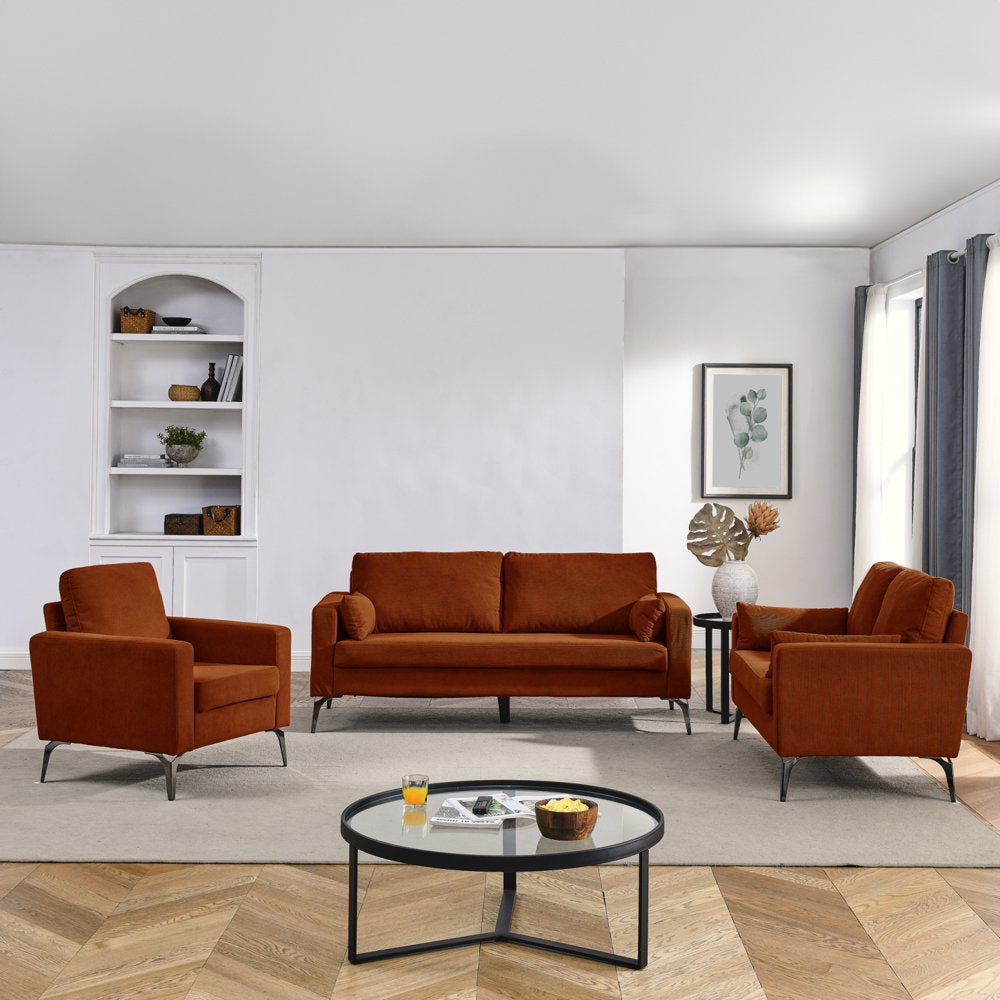 3-Seater Modern Minimalist Orange Corduroy Couch Set