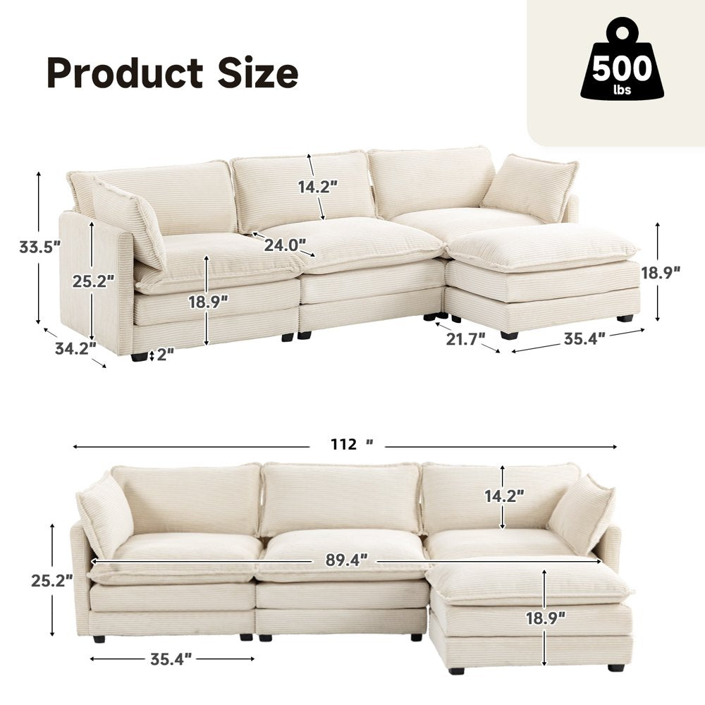 Small L Shaped Free Combination Beige Corduroy Sectional Couch with Ottoman