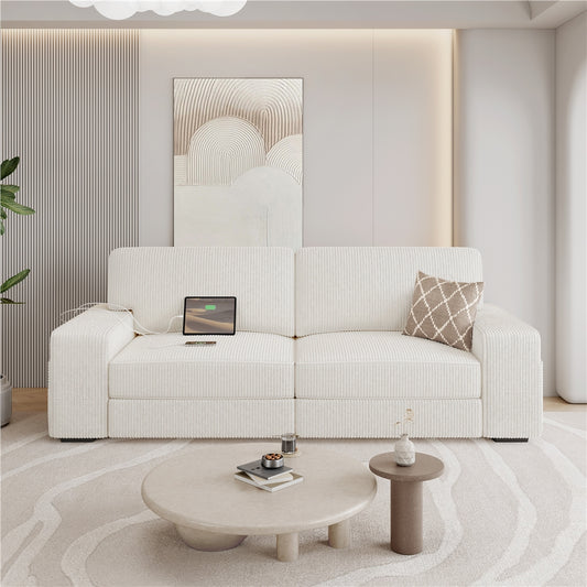 83.5'' W 2-Seater Modern Ivory Corduroy Couch Set with USB Charging Ports